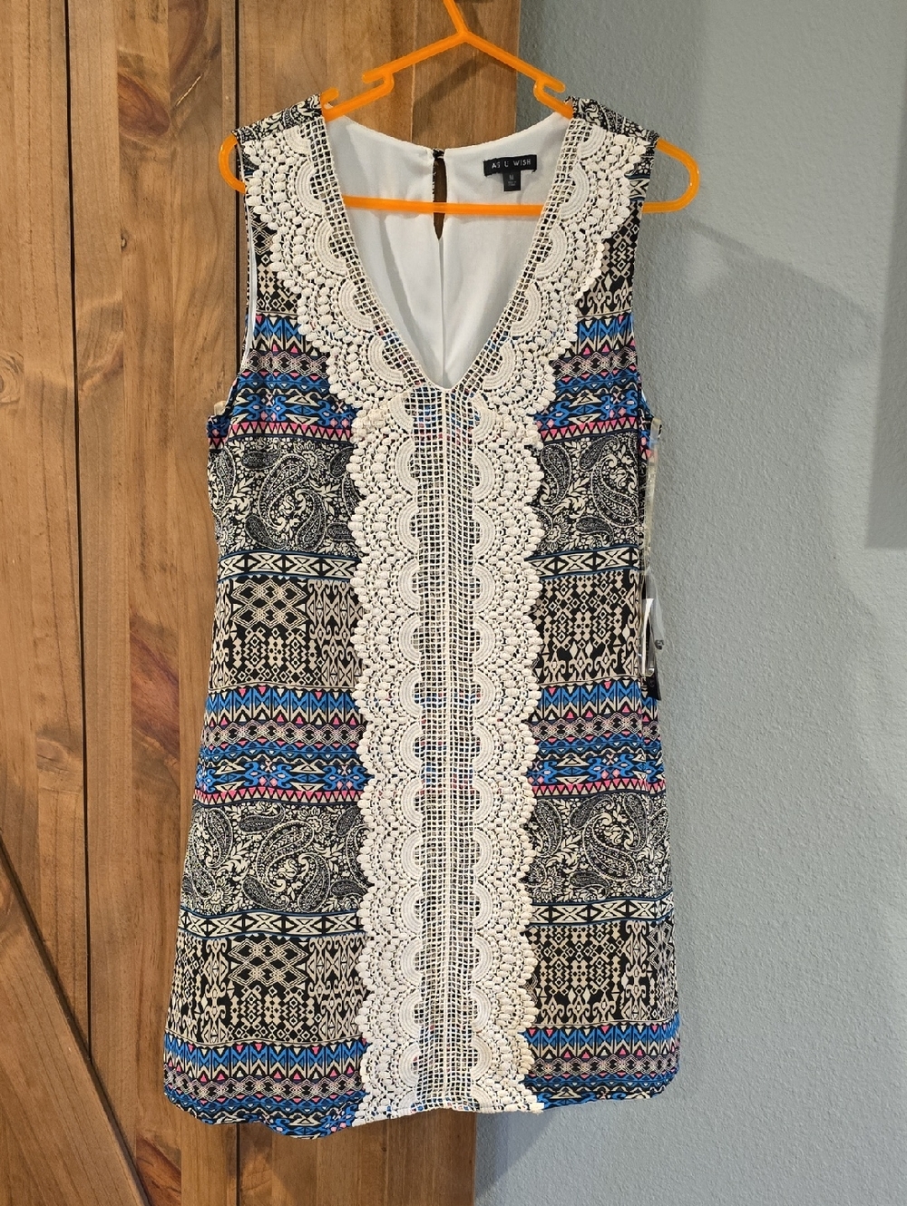 Altar'd State Black Paisley Mini Dress with White Lace & Blue and Pink Accents